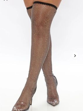 Fashion Nova Silver Rhinestone Mesh Thigh-High Heeled Boots size 11